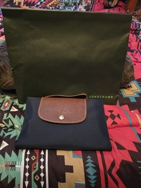 Longchamp LE PLIAGE Small Navy Bag with Brown Leather Trim/handle